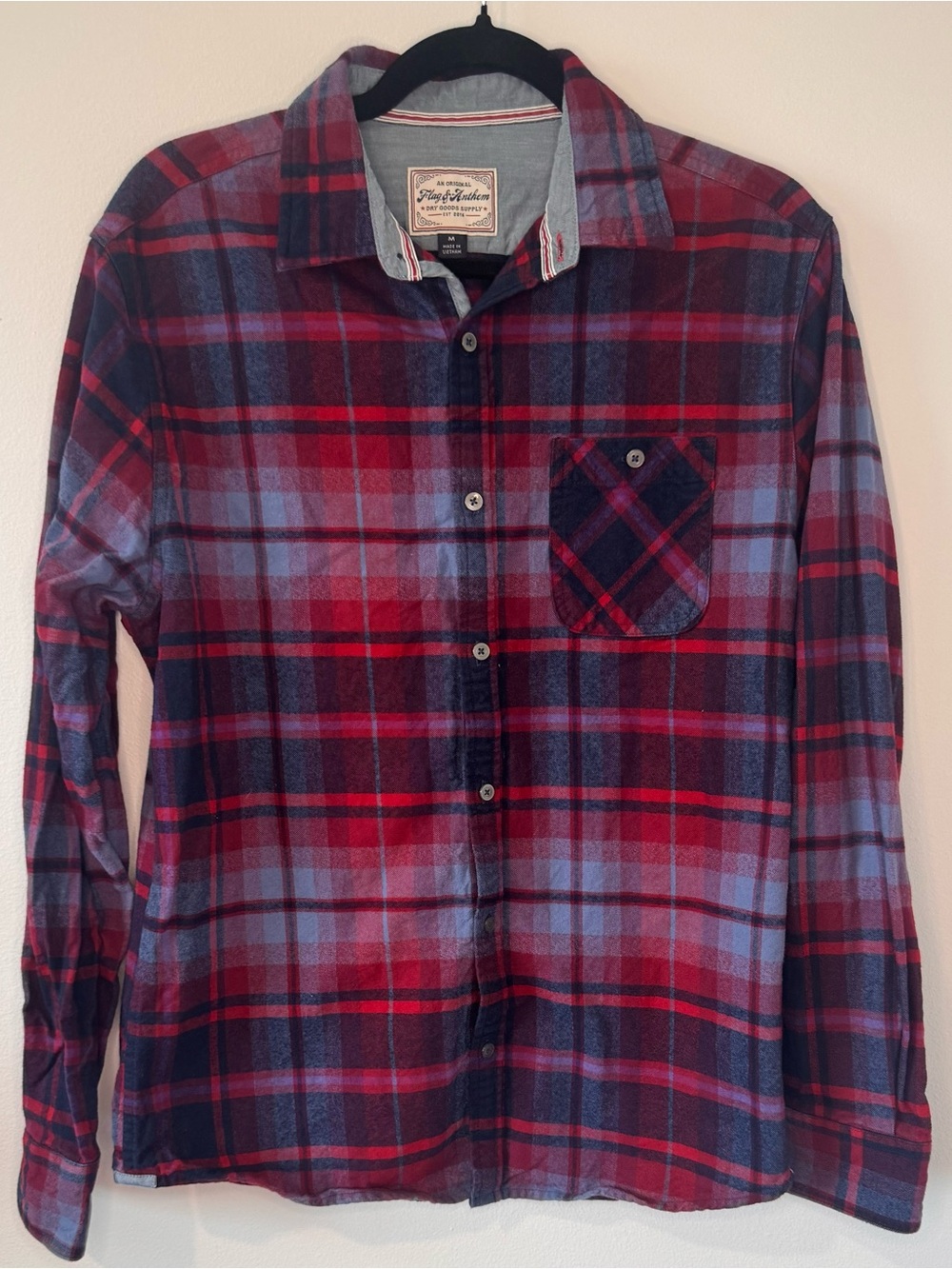 Flag & Anthem Men’s M Plaid Flannel Shirt Red Blue 100% Cotton Button Up